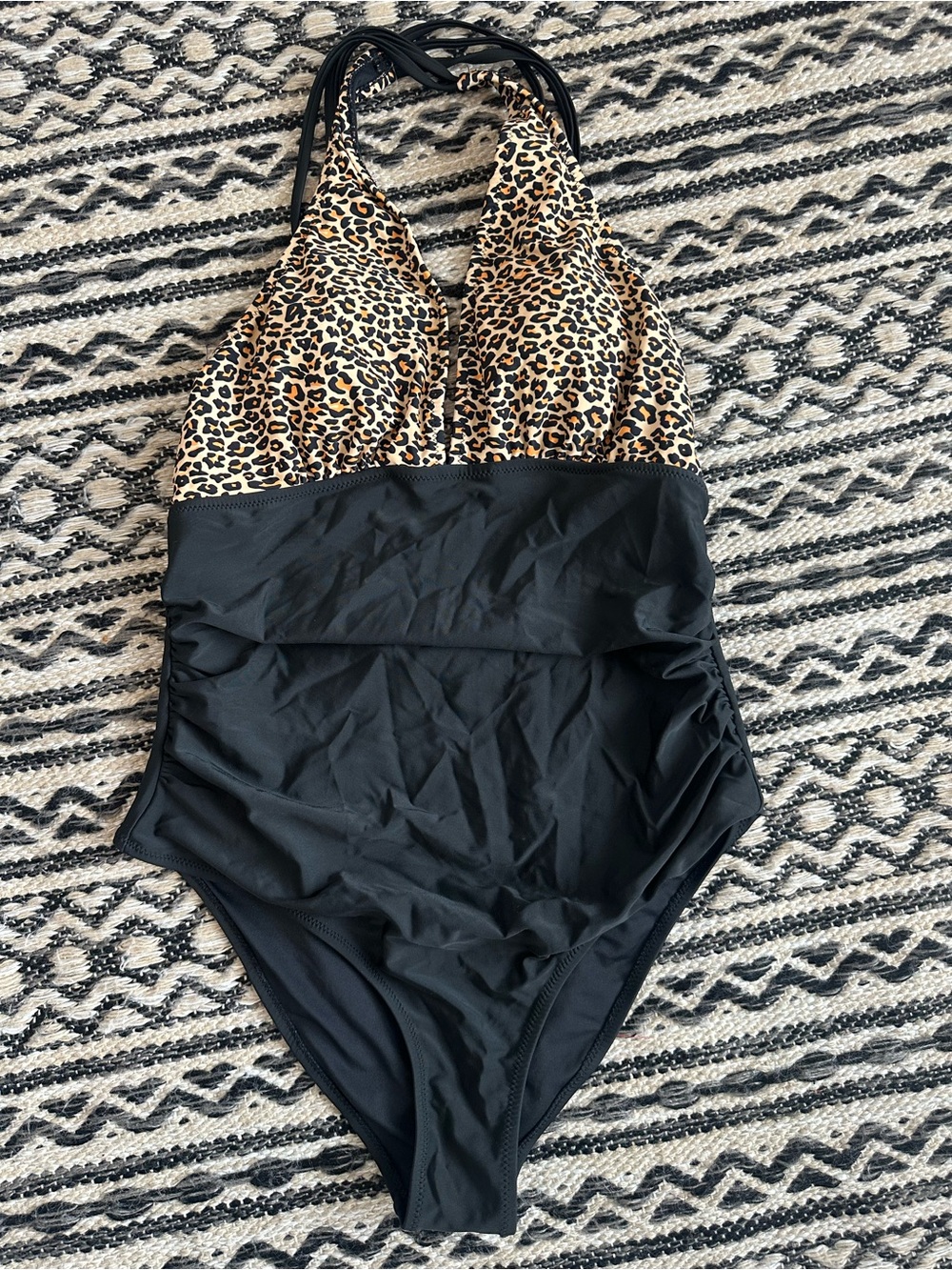 Leopard Halter One-Piece Swim Bodysuit in Black and Leopard